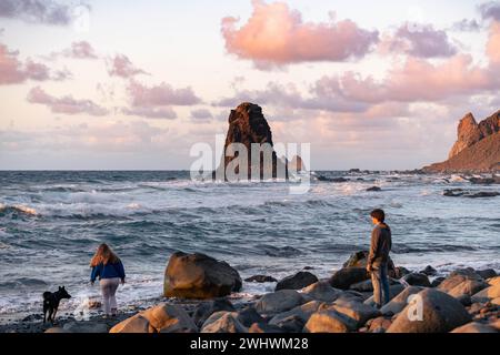 Happy young couple enjoying a sunset on the beach with their dog. Benijo beach in Tenerife. High quality photo Stock Photo