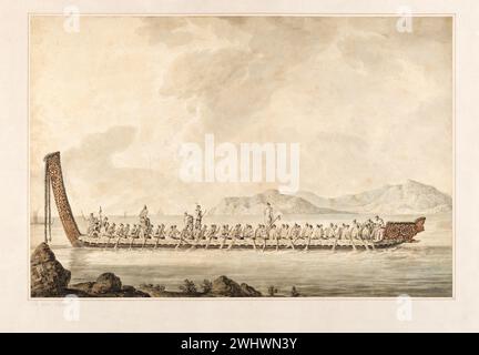 "  A War canoe of New Zealand".  Moari war canoe at sea, with New Zealand in background.  From “Watercolours illustrating Captain Cook's last voyage” ca. 1773-1784 by John Webber. Stock Photo
