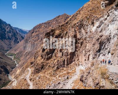 Hikers descending the Colca Canyon trail on a sunny winter day, Arequipa, Peru. Stock Photo