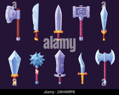 Medieval cartoon weapon. Swords and knife, sabre, axe and hammer. Old style game icons, iron weapons with shine blade. Nowaday vector clipart Stock Vector