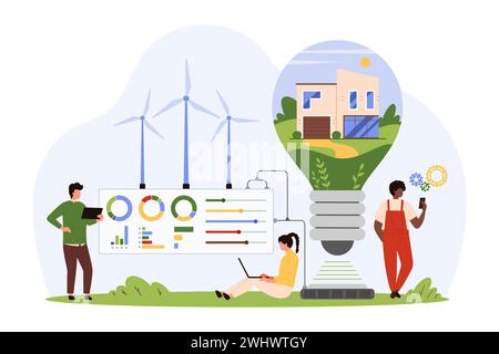 Green renewable energy for smart house. Tiny people control efficient electricity production for building inside light bulb, work with eco friendly wind turbine generator cartoon vector illustration Stock Vector
