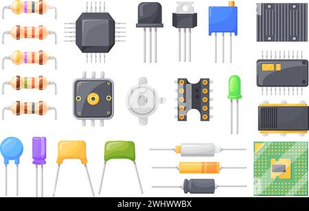 Semiconductor resistor. Electric component pcb industrial microcontroller parts, electrical oscillation fuse resistance capacitor micro chip processor, vector illustration of electronic component set Stock Vector