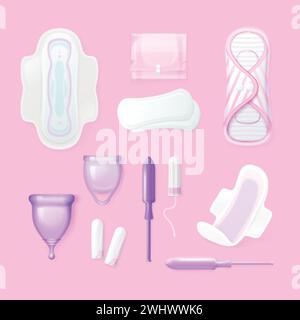 Realistic feminine hygiene products. Women menstrual period 3d hygienic elements, sanitary pads woman tampons, paper napkins organic oil absorption, exact vector illustration of woman hygiene feminine Stock Vector