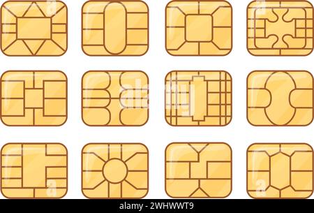 Sim emv chip. Credit card or nfc chips closeup symbol design, atm microchip secure module global banking gsm buying phone technology creditcard terminals, neat vector illustration Stock Vector