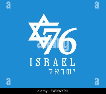 76 years of Israel Independence Day blue banner. 76th years Yom Ha'atsmaut, Jewish text - Israel Independence Day. Israeli National day. Vector illust Stock Vector
