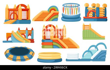 Set of bouncy inflatable castle with tower and safety net vector illustration isolated on white background Stock Vector