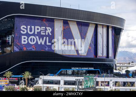 Las Vegas, USA. 09th Feb, 2024. Massive graphics on the outside of Allegiant Stadium and the 15 freeway during Super Bowl week in Las Vegas, Nevada on February 9, 2024. (Travis P Ball/Sipa USA) Credit: Sipa USA/Alamy Live News Stock Photo