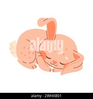 Cartoon easter Bunny. Cute pink rabbit. Kawaii bunny sleeping, trendy color flat style Vector illustration. Stock Vector