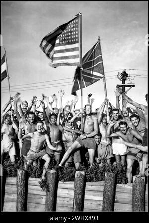 Gaunt allied prisoners of war at Aomori camp near Yokohama cheer ...
