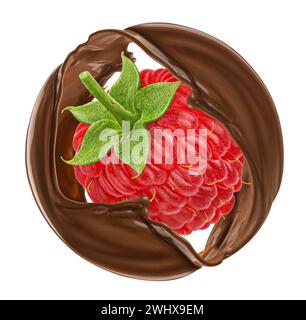 Raspberry and round chocolate splash isolated on white background Stock Photo