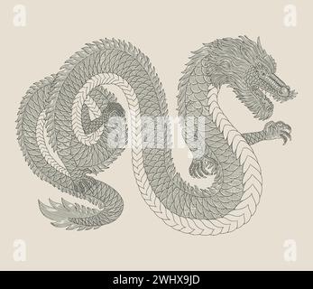 Japanese dragon vector vintage engraving drawing style illustration Stock Vector