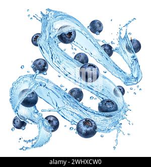 Blueberries falling with water splashes isolated on white background Stock Photo