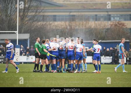 Halifax, England - 7th February 2024 - Things get heated. Rugby League Challenge Cup , Siddal ARLFC  vs Wakefield Trinity at Chevinedge (Siddal Sports and Community Centre), Halifax, UK  Dean Williams Stock Photo