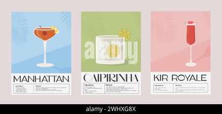 Manhattan, Caipirinha and Kir Royale Classic Cocktail recipe with ingredients. Summer aperitif wall art. Garnish alcohol beverage graphic print Stock Vector