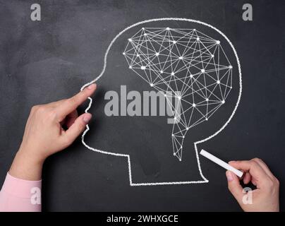 A woman's hand draws a silhouette of the head and connections inside the brain. Learning concept, neural connections Stock Photo