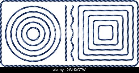 Set of round and square rope frames, straight and wavy cord borders isolated on white background. Thread, twine, jute, cable elements. Maritime, yacht, sea, ocean ornaments. Vector flat illustration Stock Vector