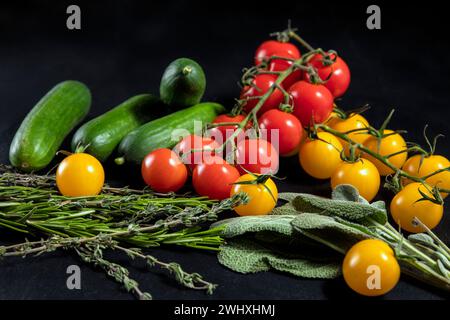 Fresh vegetables and herbs on black background Stock Photo