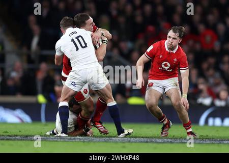 Twickenham, UK. 10th Feb, 2024. George North of Wales is stopped by George Ford of England (10). Guinness Six Nations championship 2024 match, England v Wales at Twickenham Stadium in Twickenham, Middlesex on Saturday 10th February 2024. Editorial use only. pic by Andrew Orchard/Andrew Orchard sports photography/ Alamy Live News Credit: Andrew Orchard sports photography/Alamy Live News Stock Photo