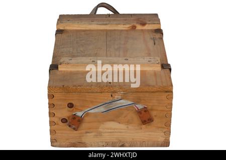 Army ammunition wooden crate isolated on white background. Stock Photo