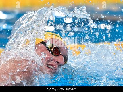 Doha, Qatar. 11th Feb, 2024. Elijah Winnington of Australia competes during the men's 400m freestyle final of swimming at the World Aquatics Championships 2024 in Doha, Qatar, Feb. 11, 2024. Credit: Xia Yifang/Xinhua/Alamy Live News Stock Photo