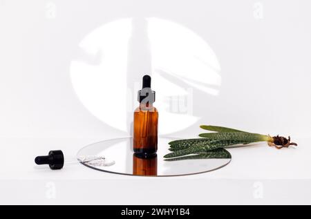 Group of brown bottle and their reflection on a mirror surface Stock Photo