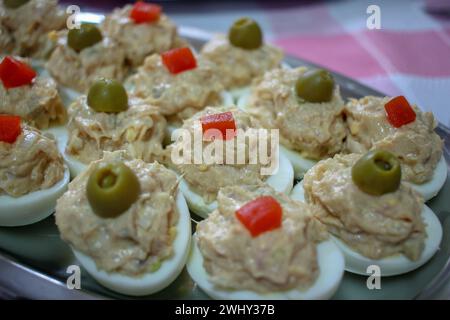 delicious and healthy deviled eggs with tuna and peppers made at home Stock Photo