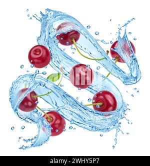 Cherries falling with water splashes isolated on white background Stock Photo
