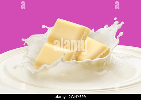 Falling white chocolate bars in milk splash Stock Photo