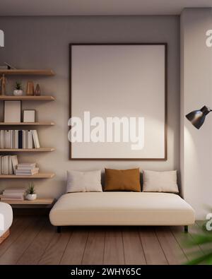 The interior design of a modern, cozy Scandinavian living room features a beige couch, a blank frame mockup on the wall, wall shelves, and a parquet f Stock Photo