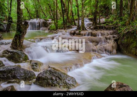 Erawan Waterfall Thailand, beautiful deep forest waterfall in Thailand Stock Photo