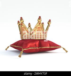 Golden crown with red gemstones  on pillow 3D Stock Photo