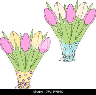 Set 2 tulips bouquets in colorful wrapping paper in trendy soft shades. Design elements for greeting. Isolate. EPS. Sticker. Icon. Vector for poster, banner, brochures, billboards, promo or web, label Stock Vector