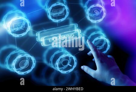 E-learning and Online Education concept. Student learning webinar lesson and pointing finger to device screen icon. Stock Photo