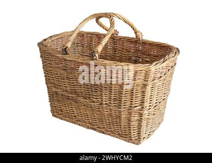 Old handmade wicker basket isolated on white background Stock Photo