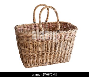 Old handmade wicker basket isolated on white background Stock Photo