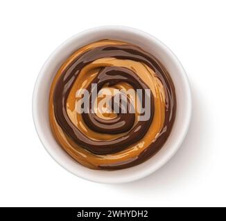 Caramel and chocolate cream swirl isolated on white background, top view Stock Photo