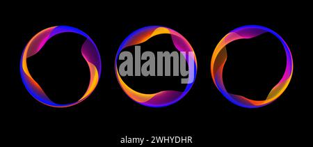 Neon iridescent blend circle line set. Shimmering glowing round tech frame collection. Curved wavy circles on black background. Bright gradient circular border pack. Vector design element bundle Stock Vector