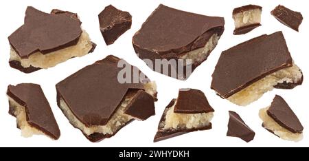 Broken chocolate bar with vanilla cream filling isolated on white background Stock Photo