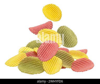 Mix of falling vegetable chips isolated on white background Stock Photo