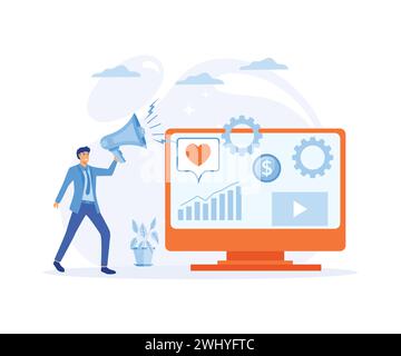 Internet based PR strategy, reputation management, domain authority, brand awareness, brands presence, digital marketing campaign abstract metaphor. f Stock Vector