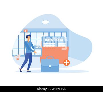 Businessman adds file to big folder. Storage and indexing of information. flat vector modern illustration Stock Vector