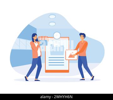 Man and woman office worker adds file to big folder. Database, searching info, storage and indexing of information. flat vector modern illustration Stock Vector
