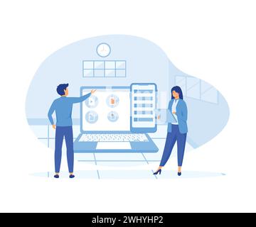 Document management soft abstract concept. Man and woman analyzing documents data via laptop. flat vector modern illustration Stock Vector