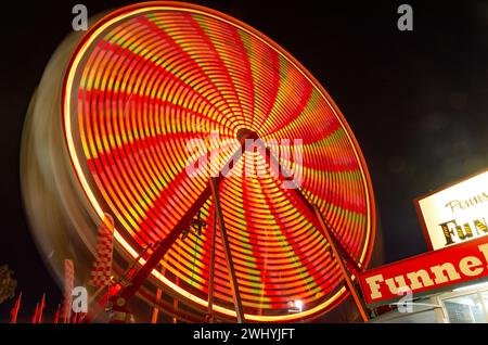 Sonoma County Fair, Colorful rides, Nighttime carnival, Ferris wheel, Long exposure, Vibrant lights, Amusement park Stock Photo