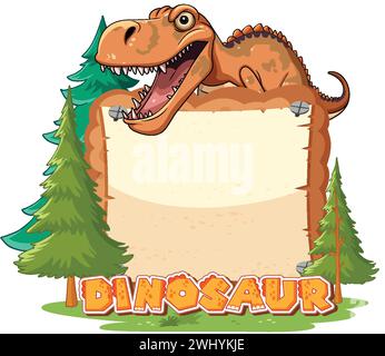 Cartoon dinosaur holding a blank sign in forest Stock Vector