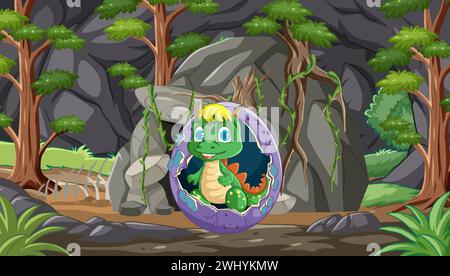 Adorable cartoon dinosaur emerging from egg Stock Vector