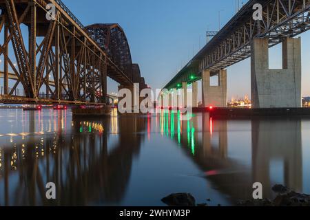 The Benicia–Martinez Bridge crossing the Carquinez Strait just west of Suisun Bay. Solano and Contra Costa Counties, California, USA. Stock Photo