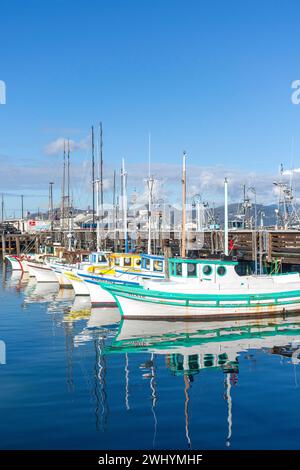 Fishing boats moored in harbour, Fisherman's Wharf, Fisherman's Wharf District, San Francisco, California, United States Stock Photo