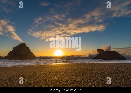 Goat Rock, Northern California, Seagull, Waves, Coastal beauty, Pacific Ocean, Rock formations, Coastal waves Stock Photo