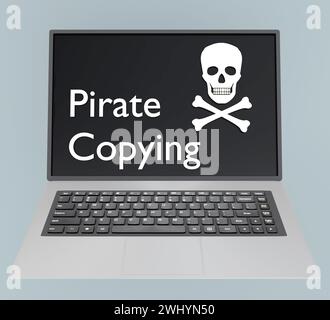 3D illustration of a pirate symbol shown on a laptop screen, titled as Pirate Copying. Stock Photo